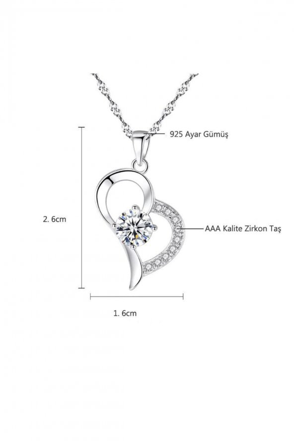 Gümüş Zirkon Taşlı Bayan Kalp Gümüş Kolye - 6