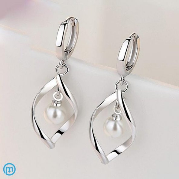 925 Damgalı İnci Taşlı Özel Tasarım Gümüş Kaplama Kolye ve Küpe Seti - 3