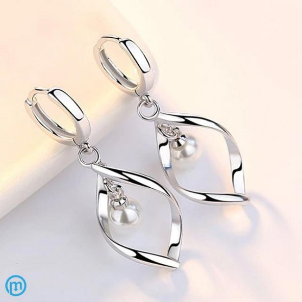 925 Damgalı İnci Taşlı Özel Tasarım Gümüş Kaplama Kolye ve Küpe Seti - 4