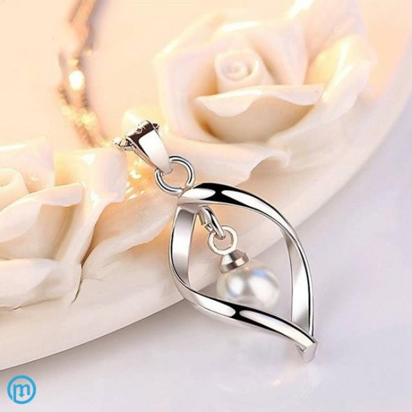 925 Damgalı İnci Taşlı Özel Tasarım Gümüş Kaplama Kolye ve Küpe Seti - 6