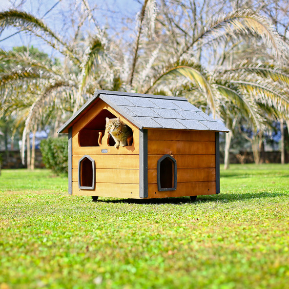 MANDU AHŞAP TERASLI (DUBLEX) KEDİ EVİ