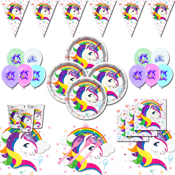 UNİCORN ÜNİCORN DOĞUM GÜNÜ PARTİ MALZEMELERİ SÜSLERİ SETİ 16 KİŞİLİK