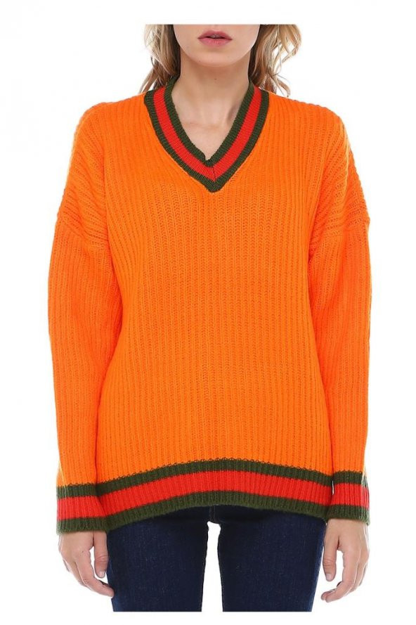 Selanik V Yaka Hardal Triko Kadın Kazak - 3