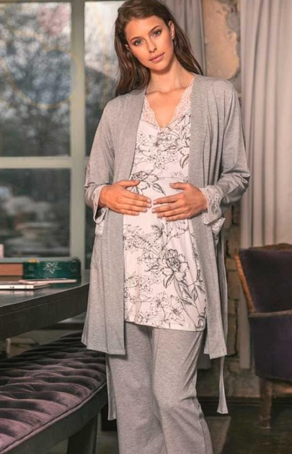 Anıl 5543 Gri Pembe  Dantel Detaylı Hamile Lohusa 3 Lü Pijama  Sabahlık Takımı