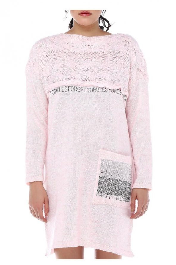 Taş Detaylı Saç Örgülü Cepli Pembe Triko Kadın Tunik - 4