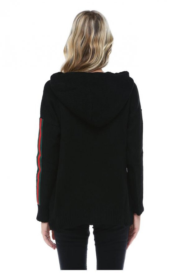 Kapüşonlu Baskılı Siyah Spor Triko Sweat - 4
