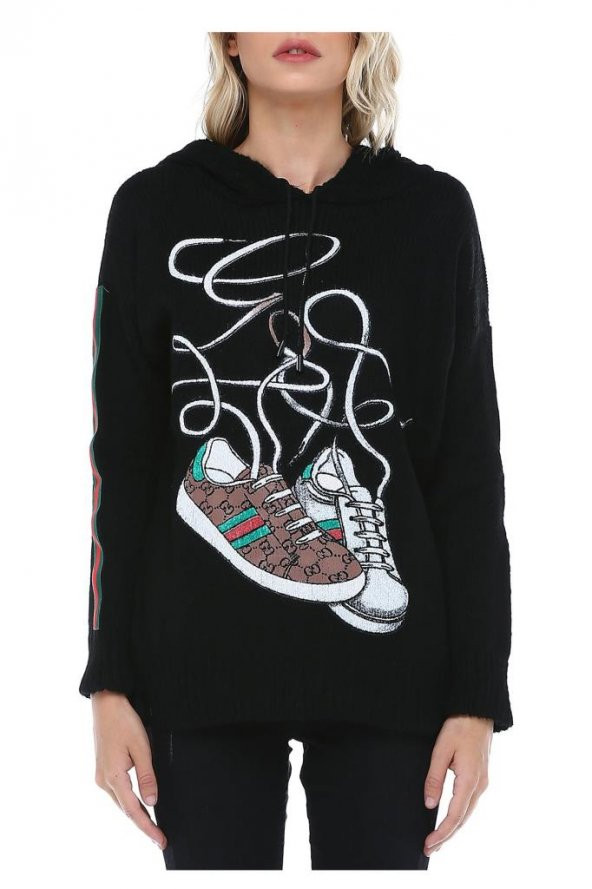 Kapüşonlu Baskılı Siyah Spor Triko Sweat - 3