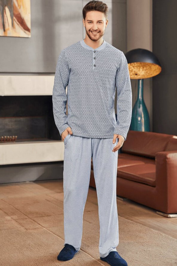 Mecit Pijama Mavi Büyük Beden Erkek Pijama Takım