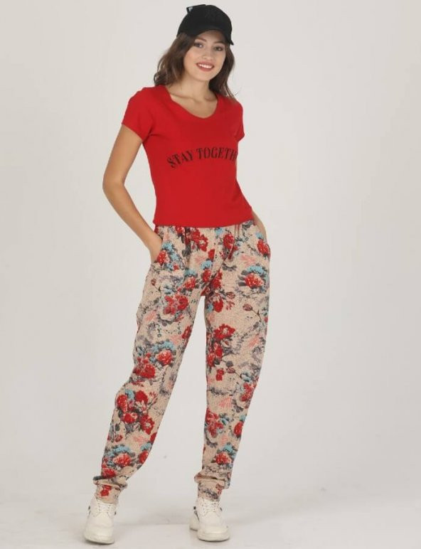 Lady Kırmızı T-shirt ve Desenli Şalvar Takım - 2