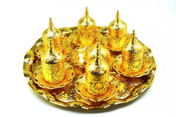 Pologift Döküm Dekoratif Gold Altı Kişilik Tepsili Kahve Takımı