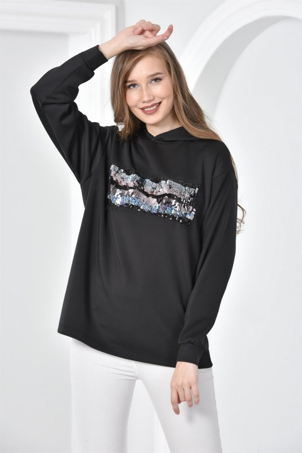 Önü Nakış İşleme Sweat SİYAH - Resim 2