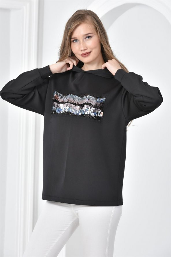 Önü Nakış İşleme Sweat SİYAH - Resim 4