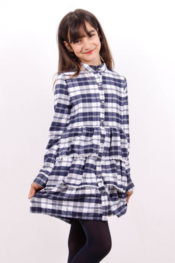 Toontoy Kız Çocuk Ekoseli Tül Detaylı Elbise