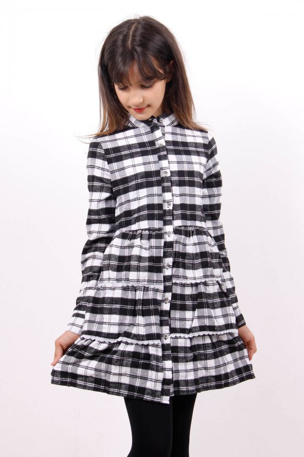 Toontoy Kız Çocuk Ekoseli Tül Detaylı Elbise - 4