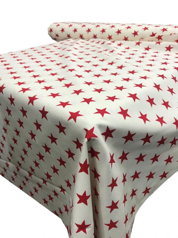 Zeren Home Beyaz Zemin Kırmızı Yıldızlar Dertsiz Mutfak Masa Örtüsü 160cm x 300cm