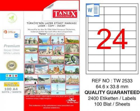 TANEX TW-2533 A4 BEYAZ LAZER ETİKET 64,6X33,8 MM