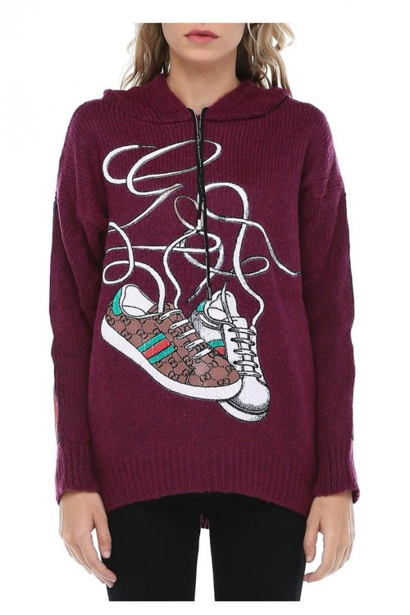 Kapüşonlu Baskılı Bordo Spor Triko Sweat - 3