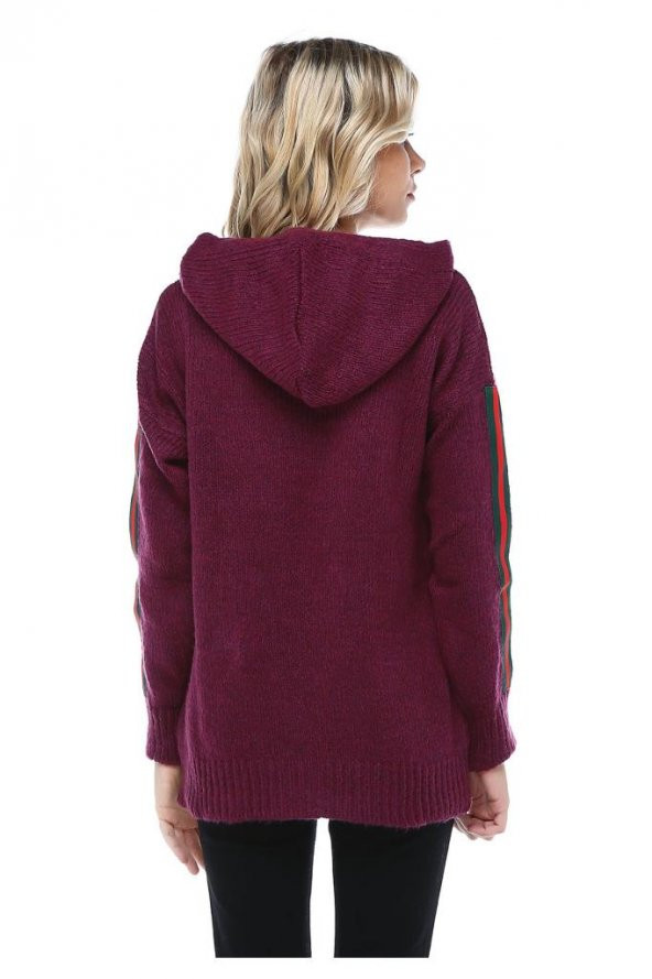 Kapüşonlu Baskılı Bordo Spor Triko Sweat - 4