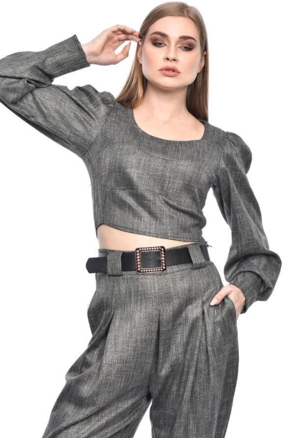 Bisiklet Yaka Kemerli Pantolonlu Alt Üst Füme Kadın Elbise - 3