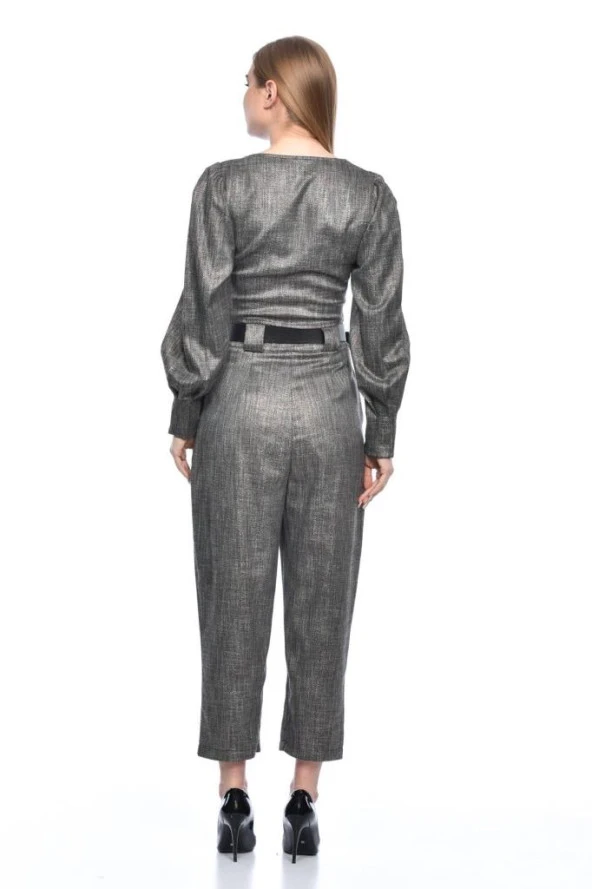 Bisiklet Yaka Kemerli Pantolonlu Alt Üst Füme Kadın Elbise - 4