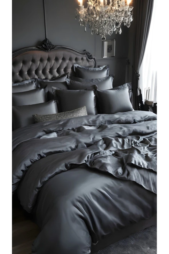 Saten Çift Kişilik Nevresim Takımı - Antrasit Gri - 2