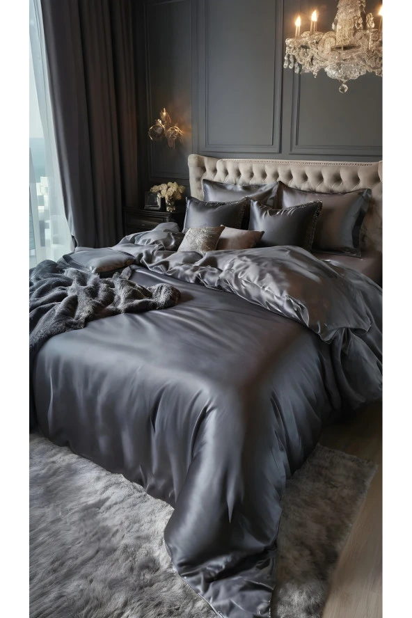 Saten Çift Kişilik Nevresim Takımı - Antrasit Gri - 3
