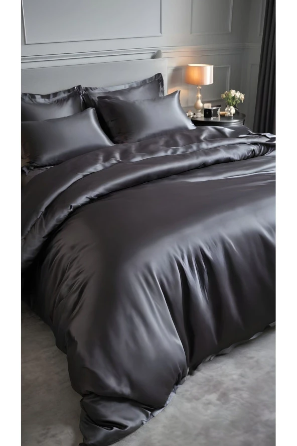 Saten Çift Kişilik Nevresim Takımı - Antrasit Gri