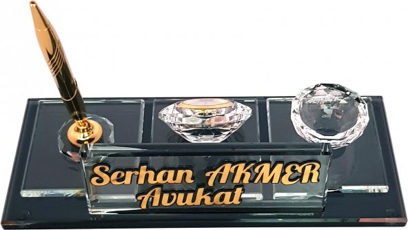 Hediye isimlik Kristal Masa İsimliği Kalemli Ofis Hediyesi M109 FÜME - 2