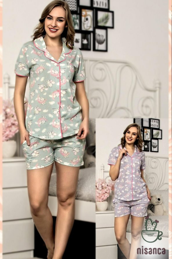 Şortlu Önden Düğmeli Kısa Kollu Bayan Pijama Takımı