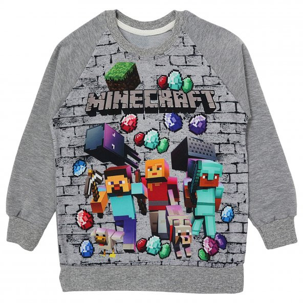 Minecraft Baskılı Erkek Çocuk Mevsimlik Sweatshirt Gri - Maycraft Tişörtü