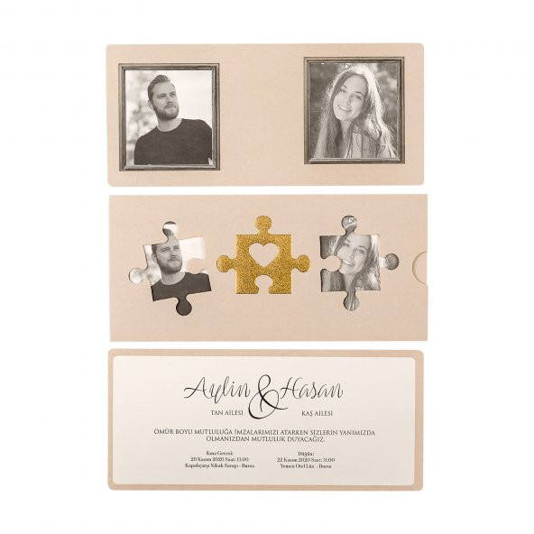 Fotoğraflı Puzzle Düğün Davetiyesi PE22364 - 100 Adet - 1