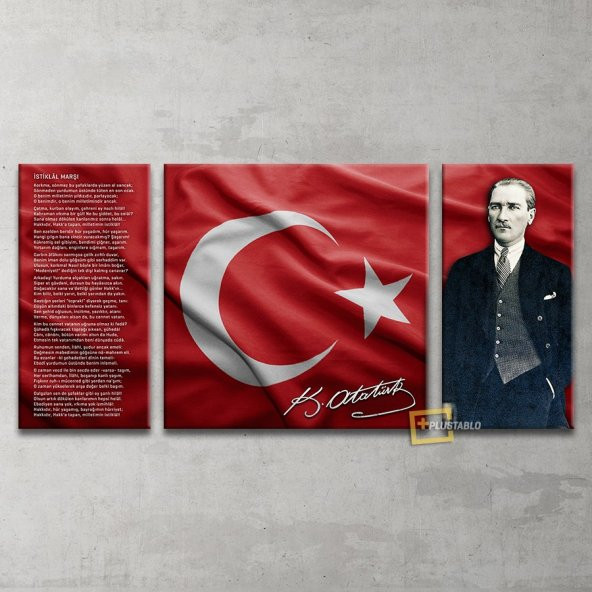 Atatürk Bayrak ve İstiklal Marşı 3 Parça Kanvas Tablo