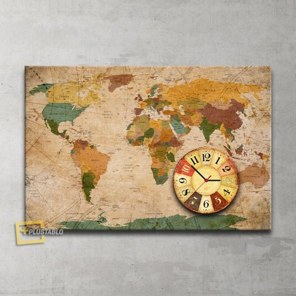 Dünya Haritası Saatli Kanvas Tablo 60x90 Cm.