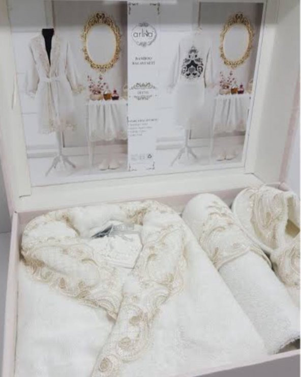 BALAYI BORNOZ SETİ ARLİVA  HOME Fransız Güpürlü Selin Bambu - 3