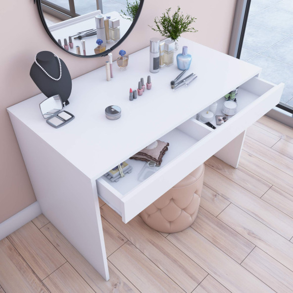Beyaz Çiğli Çekmeceli Çalışma, Bilgisayar ve Ofis Masası, Makyaj Masası - 112x72x60 cm - 5
