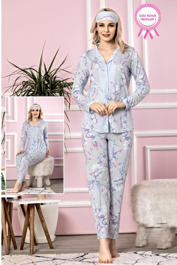Bayan Retro Biyeli Pijama Takımı Önden Düğmeli Desenli