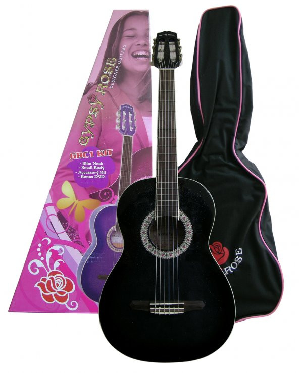 VALENCIA GRC1KCBK KLASİK GİTAR GYPSY ROSE SET (GIGBAG, STRAP, STICKE Klasik Gitar Set-Gypsy Rose, Siyah (Kılıf, Askı, Stickers, DVD)