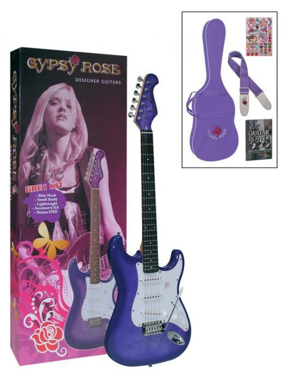 VALENCIA GRE1KCPP ELEKTRO GİTAR GYPSY ROSE SET (GIGBAG, STRAP, STICK Elektro Gitarset Purple (Askı-gİgbag-sticker-dvd):