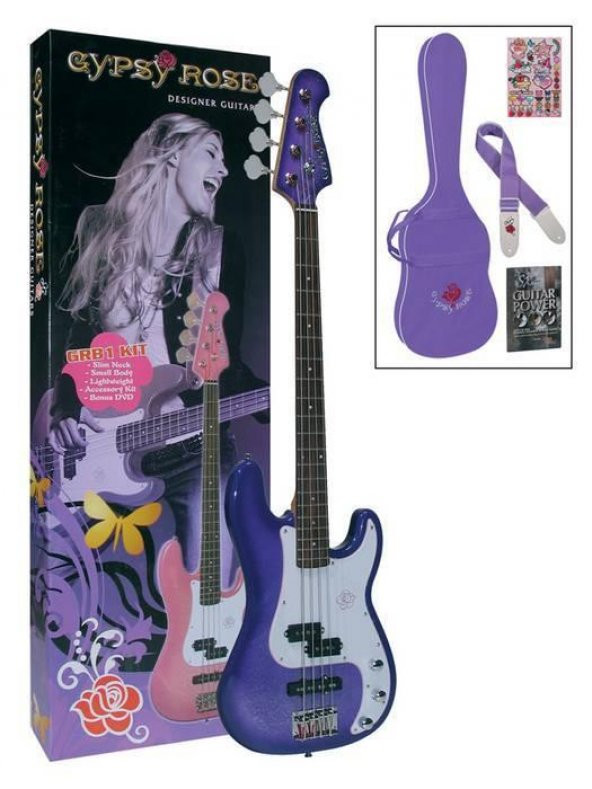 VALENCIA GRB1KCPP BAS GİTAR GYPSY ROSE SET (GIGBAG, SEHPA, STICKERS, BAS GİTAR SET-Mor-E (Gitar Askısı, sehpa, Kılıf, DVD, Sticker)
