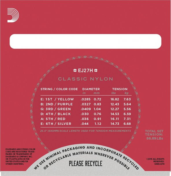 DADDARIO EJ27H KLASİK GİTAR TEL SETİ (4/4), SILVERPLATED WOUND, C D'Addario EJ27H Student Nylon Classical Guitar Strings, Hard Tension - 2