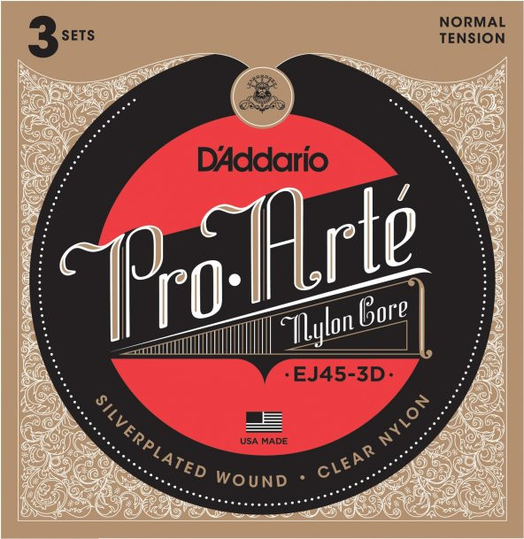 DADDARIO EJ45-3D 3'LÜ PAKET, KLASİK GİTAR TEL SETİ, PRO-ARTE, SILVE D'Addario EJ45-3D Pro-Arte Nylon Classical Guitar Strings, Normal Tension, 3 Adet EJ45 Tel Seti bir pakette