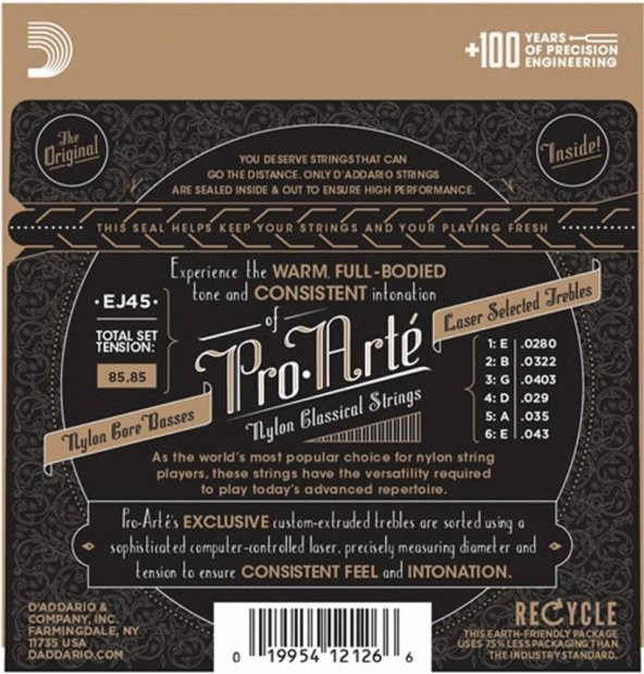 DADDARIO EJ45-3D 3'LÜ PAKET, KLASİK GİTAR TEL SETİ, PRO-ARTE, SILVE D'Addario EJ45-3D Pro-Arte Nylon Classical Guitar Strings, Normal Tension, 3 Adet EJ45 Tel Seti bir pakette - 3