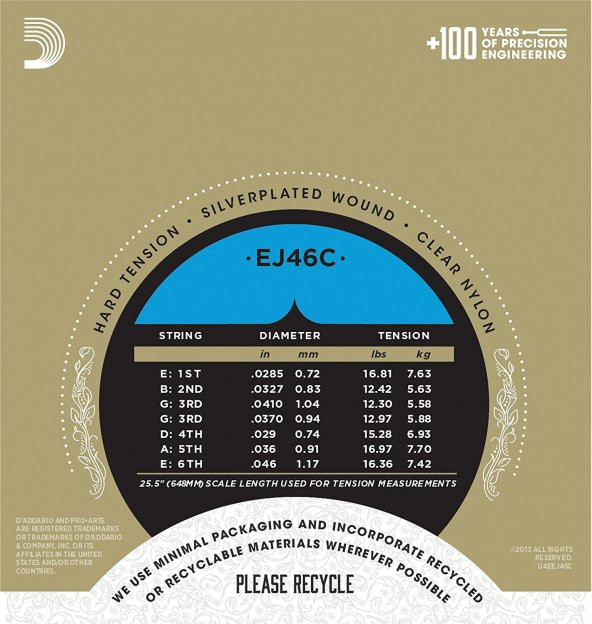 DADDARIO EJ46C KLASİK GİTAR TEL SETİ, PRO-ARTE, COMPOSITE CORE, S  D'Addario EJ46C Pro-Arte Composites Hard (.0285-.046) Classical Guitar Strings - 2