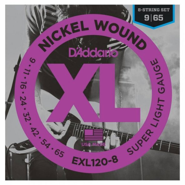 DADDARIO EXL120-8 ELEKTRO GİTAR TEL SETİ, 8 TELLİ, XL, 9-65, NICKEL  String Set for 8-String Electric Guitars

Nickel wound
Gauges: 009 - 011 - 016 - w024 - 032 - 042 - 054 - 065