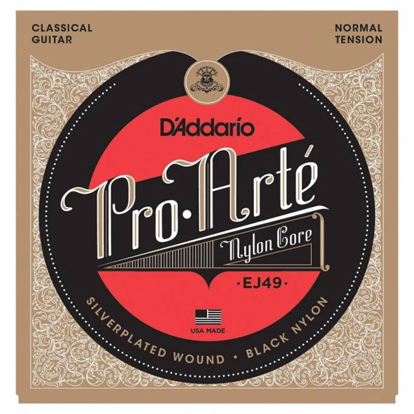 DADDARIO EJ49 KLASİK GİTAR TEL SETİ, PRO-ARTE, SILVERPLATED WOUN D'Addario EJ49 Pro-Arté Black Nylon, Normal Tension Takım Tel