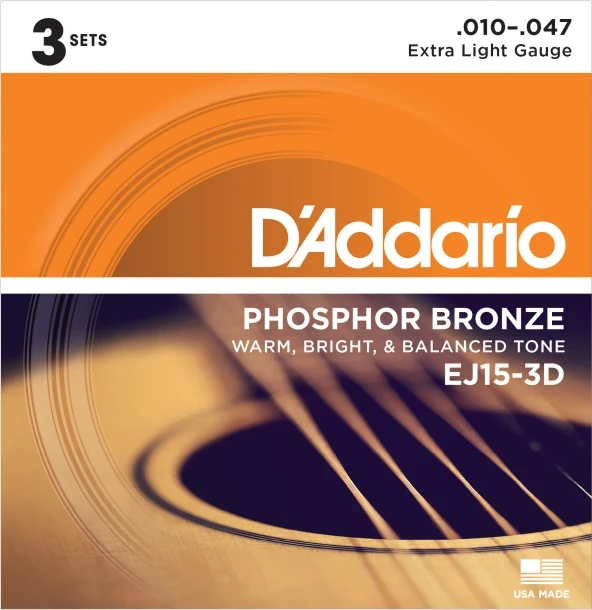 DADDARIO EJ15-3D AKUSTİK GİTAR TEL SETİ, 3'LÜ PAKET, PHOSPHOR-BRONZ