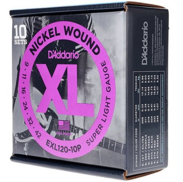 DADDARIO EXL120-10P (10 SET) ELEKTRO GİTAR TEL SETİ, XL, 9-42, NICKEL   Propack XL Super Light

Nickel-plated steel
Bright and clear sound
Gauges: 009-011-016-w024-w032-w042
Pack with 10 sets

  - 2
