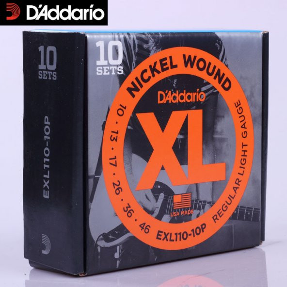 DADDARIO EXL110-10P (10 SET) ELEKTRO GİTAR TEL SETİ, XL, 10-46, NICKEL  EXL110-10P      10 Set Value Pack Regular Light 10-46