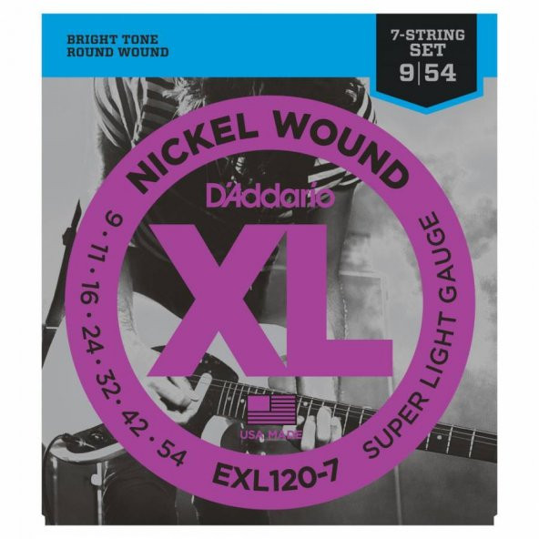 DADDARIO EXL120-7 ELEKTRO GİTAR TEL SETİ, 7 TELLİ, XL, 9-54, NICKEL  String Set For Guitar, DADDARIO EXL120-7 ELEKTRO GİTAR TELİ SET (7 TELLİ GİTAR İÇİN) 0.09-0.54 SUPER LIGHT NICKEL WOUND

7 Strings
Nickel-plated steel
Brilliant and clear sound
Gauges: 0