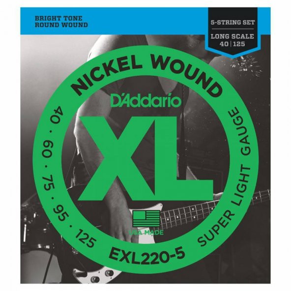 DADDARIO EXL220-5 BAS GİTAR TEL SETİ, 5 TELLİ, XL, 40-125, LONG SCAL   